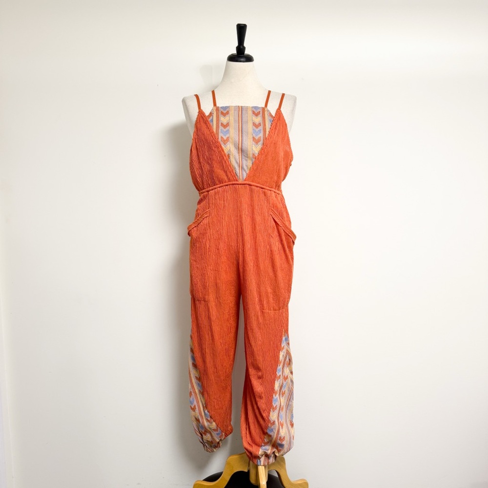 Free People Orange Ribbed Sleeveless Open Back Morning Rise Jumpsuit *FLAWS